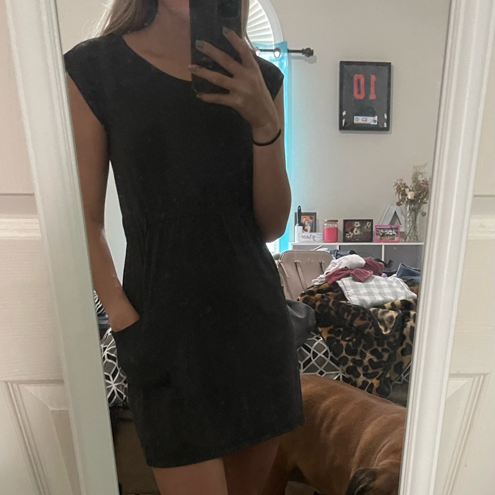 Dark Grey Short Sleeve Mini Dress with Pockets Medium